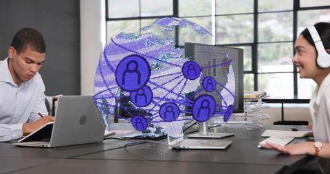 Collaborating team connecting via holographic global network in coworking workspace