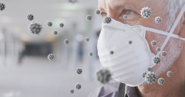 Senior Man Wearing Face Mask Surrounded by COVID-19 Cells - Download Free Stock Images Pikwizard.com