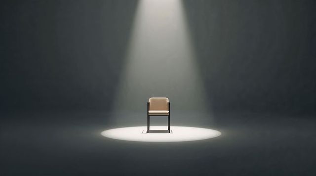Solitary Armchair Sitting Under Spotlight on Empty Stage Minimalist Dramatic Lighting