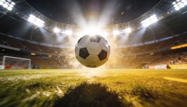 Soccer ball flying over turf under stadium lights creating dramatic backlit goal moment