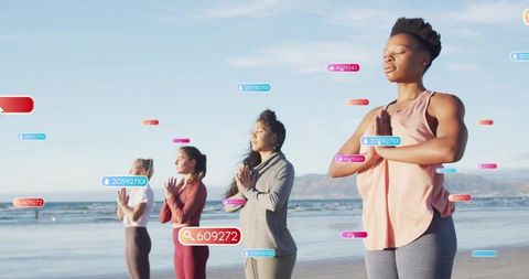 Digital meditation and mindfulness at beach with flowing tags