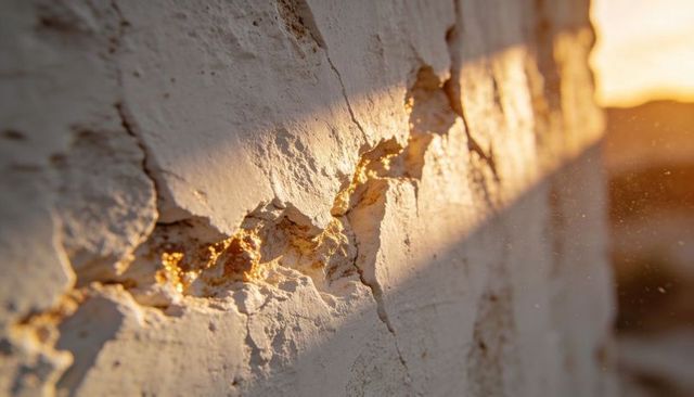 Golden Sunlight Highlighting Diagonal Crack in Weathered Plaster Revealing Mortar Texture