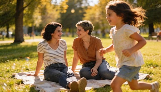 Smiling same-sex couple enjoying picnic in sunlit park with child running and playing
