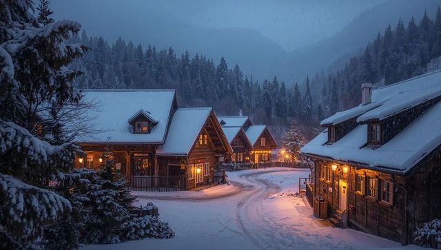 Glowing wooden chalets lining snow-covered mountain road at dusk with warm lamp glow