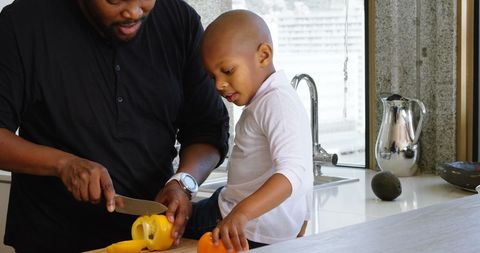 Father and Son Cooking Together in Kitchen Preparing Meal