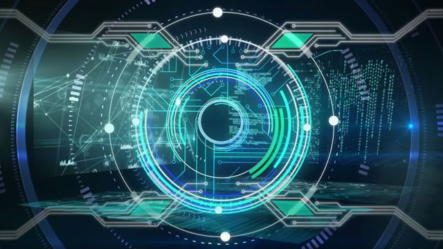 Useful for illustrating modern technology, digital security, and business presentations, this video depicts a futuristic digital interface with a round scanner and microprocessor connections overlaid on screens displaying data processing. Ideal for articles on cyber technology, advanced data systems, and high-tech computer interfaces.