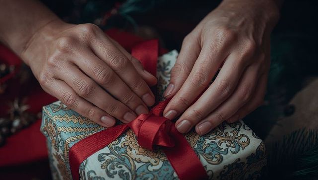Hands Tying Red Ribbon Around Ornate Gift Box with Holiday Decorations