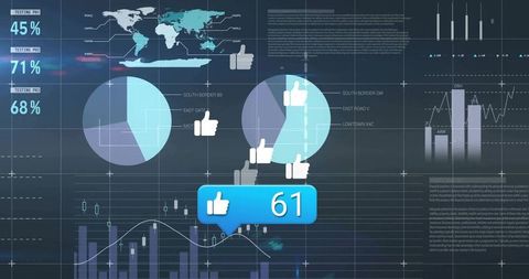 Global Digital Interface with Data Analytics and Thumbs-Up Rating Icon