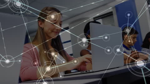 Caucasian Girl Engaged in Digital Learning at School with Network Overlay
