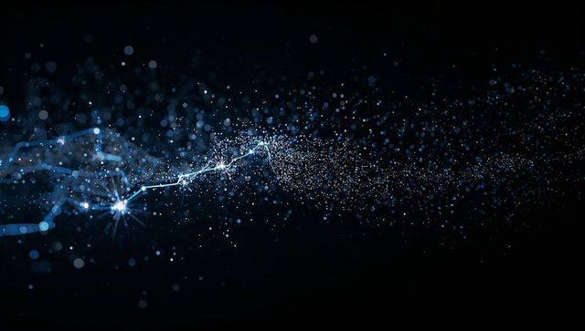 Streaming blue-white particle filament forming glowing network nodes across dark space
