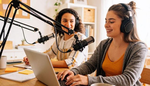 Recording home podcast with two young women hosting using professional microphones