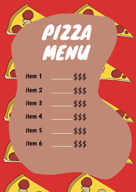 This playful pizza menu template is designed with bold colors and cartoonish pizza slices, perfect for pizzerias and food events. Ideal for restaurants, cafes, and takeaways looking to add a fun touch to their menu display. The accommodative layout allows flexibility in listing various items and pricing options.