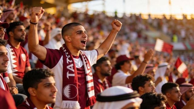 Qatar fan cheering in maroon scarf and jersey during golden hour stadium celebration
