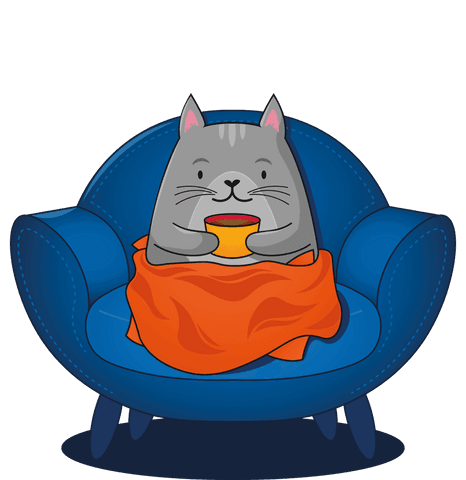 cute cat relaxing with cup on blue chair transparent background - Download Free Stock Videos Pikwizard.com