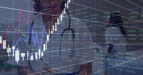 Healthcare professional analyzing patient chart with stock market data overlay analytics