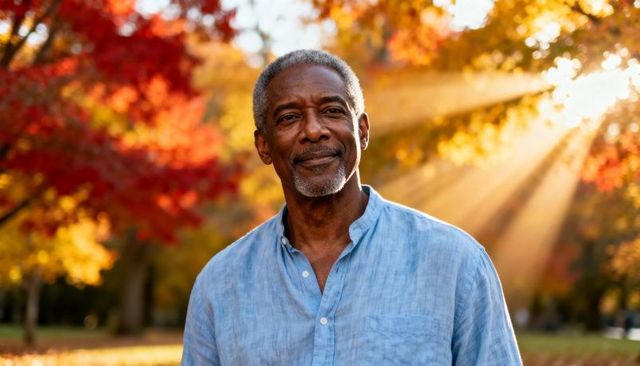 Smiling african american senior man standing in autumn park with golden sun rays
