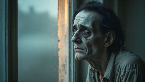 Melancholic man gazing through condensation-covered window