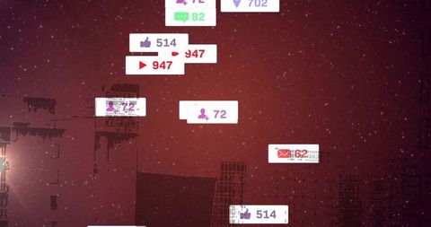 Futuristic Social Media Engagement Over Cityscape at Night