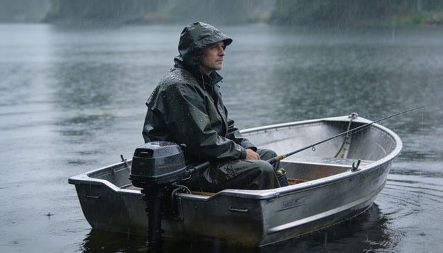 Sitting angler wearing rain gear fishing from aluminum boat on calm lake in rain