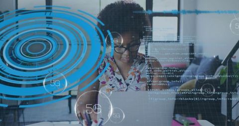 Female Professional Coding in Futuristic 5G Connected Workspace