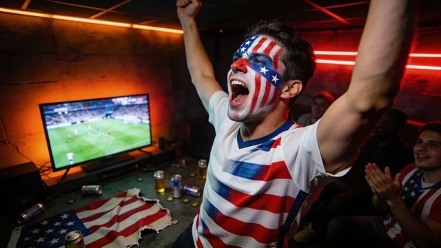 Cheering american soccer fan celebrating goal in man cave with face paint and torn flag