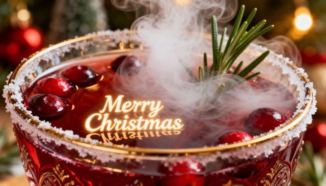 Steaming gold-rimmed goblet reflecting merry christmas on cranberry cocktail with rosemary