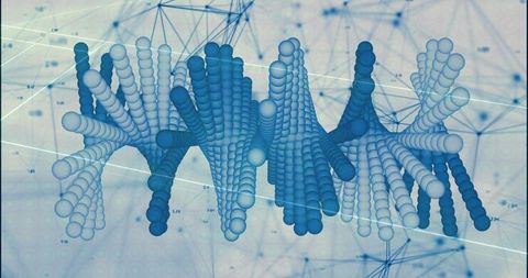 Blue 3d molecular wave network composed of glossy spheres undulating across digital grid