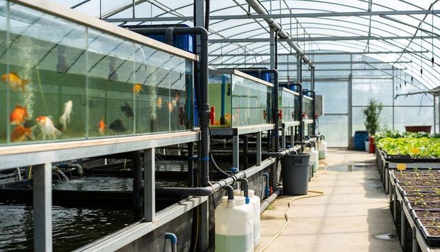 Aquaponics greenhouse with elevated koi and goldfish tanks, pvc plumbing and seedling beds