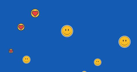 Happy emoji and heart icons floating on blue background