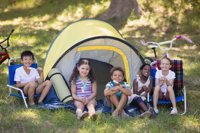 Group of cheerful children sitting in front of a tent in a grassy campsite. Ideal for themes related to outdoor activities, childhood adventures, summer vacations, and group bonding. Perfect for use in educational materials, travel brochures, and family-oriented advertisements.