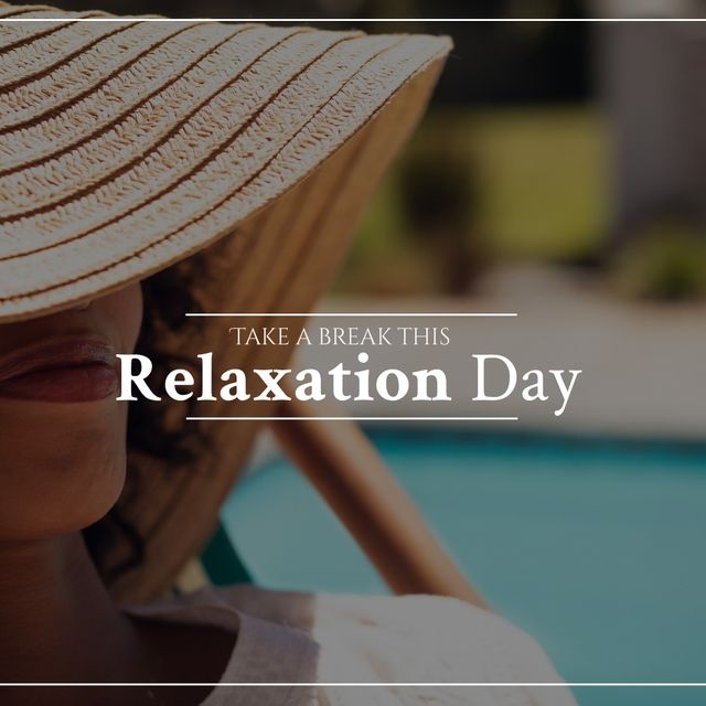 Composite of biracial woman wearing hat at poolside and take a break this relaxation day text. Summer, resort, lifestyle, relaxing, holiday and celebration concept.