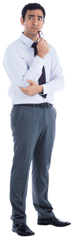 Transparent design thinking concept with pensive businessman