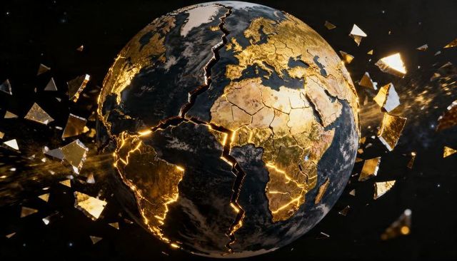 Earthlike golden planet shattering into molten rifts with floating metallic shards