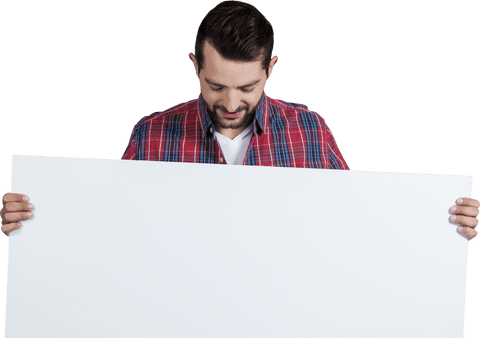Young Man Holding Blank Placard Looking Down Transparent Background - Download Free Stock Videos Pikwizard.com