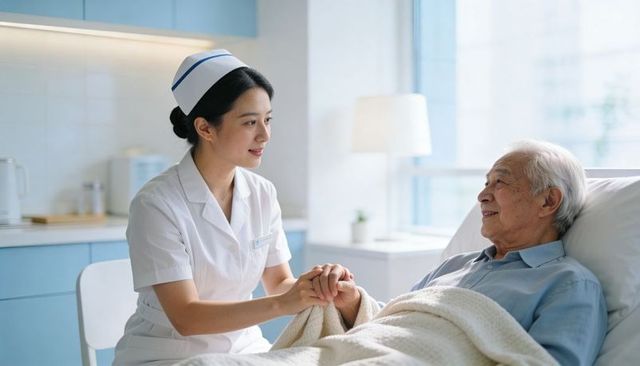 Nurse comforting elderly patient at bedside, holding hands and offering gentle care