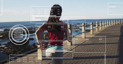 Futuristic fitness: woman engages ar technology with stunning coastal view