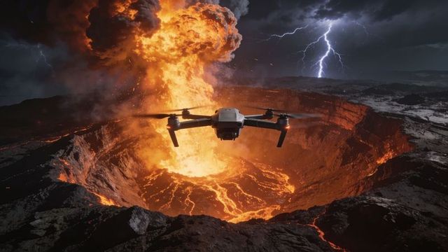 Hovering quadcopter filming erupting volcanic crater with lightning and flowing lava