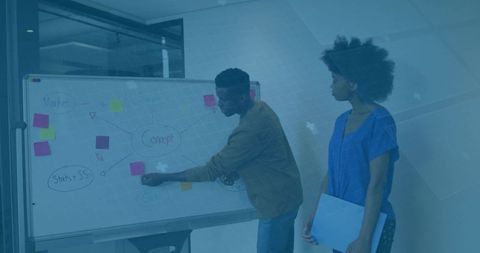 Pointing man placing sticky note on whiteboard while colleague holding blue folder