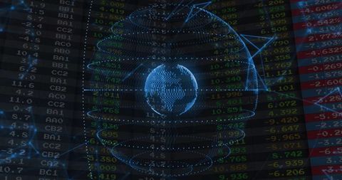 Holographic Globe with Market Feed and Pulsing Rings Visualizing Global Finance Network