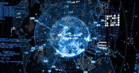 Spinning Digital Earth Globe with Futuristic Data Visualization Elements