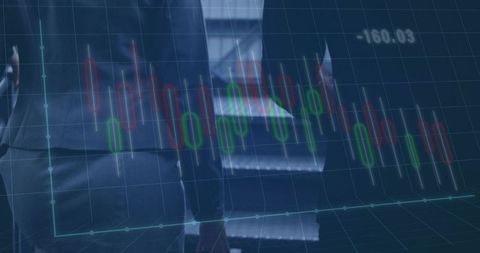 Business professionals climbing stairs with candlestick trading chart and 3d grid overlay