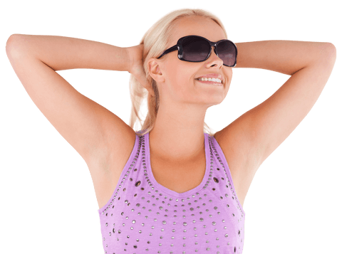 This image features a smiling woman wearing oversized sunglasses, exuding confidence and relaxation. Dressed in a purple tank top with a casual, fashionable style, she has her hands behind her head, suggesting leisure on a clear day. Ideal for use in websites, advertisements, or social media emphasizing positive attitude, carefree styles, sunglasses shopping, day trips, and summer. The transparent background allows for easy integration into various designs.