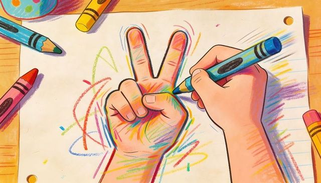 Child tracing hand and drawing peace sign with crayons on lined notebook paper