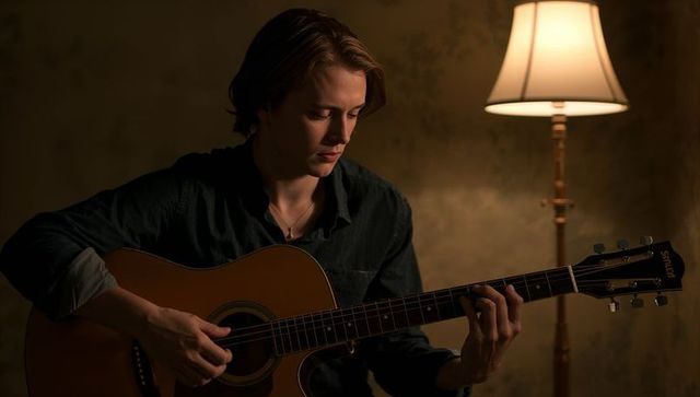Solo guitarist practicing fingerstyle on acoustic guitar in warm lamplight