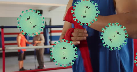 Boxer Training with Sparkling Red Wrap Amidst Animated Viruses