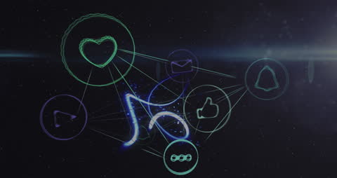 Digital Icons Network with Light Trails on Space Background