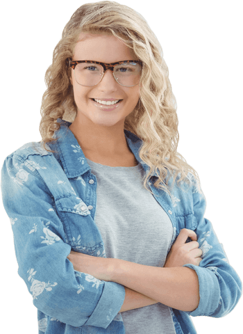 Transparent smiling professional woman with glasses and crossed arms