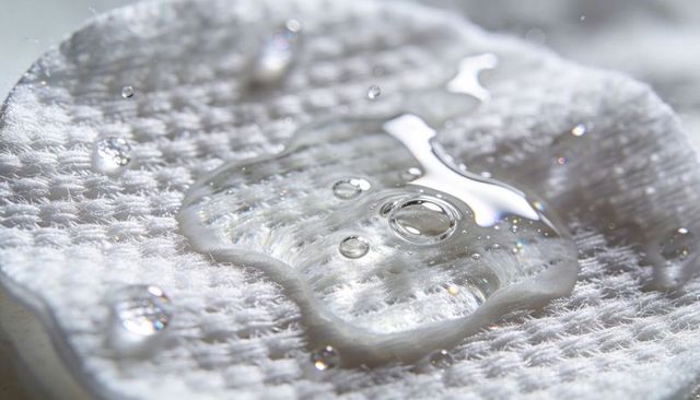 Macro cotton pad holding clear serum droplets on woven texture highlighting skincare purity
