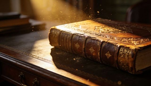 Gilded leather-bound book basking in golden sunlight on wooden desk, dust motes floating