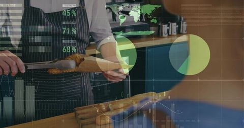 Barista serving pastry with data overlays, cafe service and hospitality analytics concept